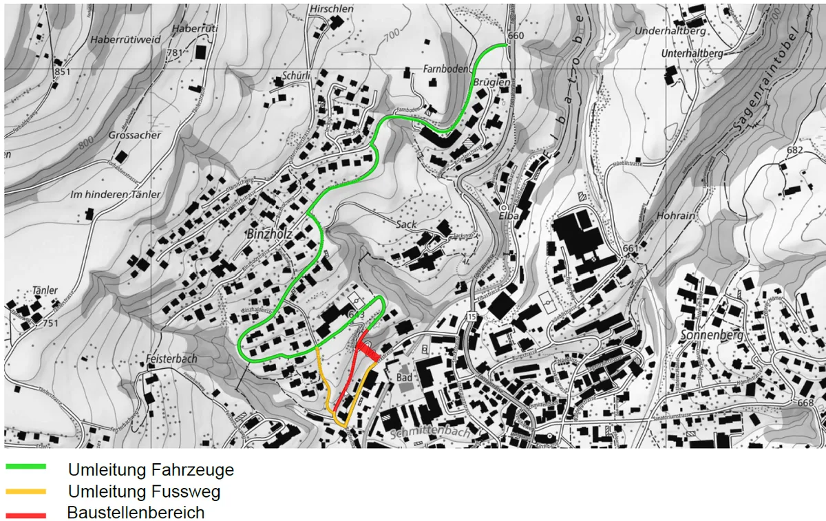 Fahrzeuge müssen während der Baustelle über die Binzholzstrasse ausweichen. Man sieht die Umleitung während der Baustellenzeit auf einer Karte eingezeichnet.